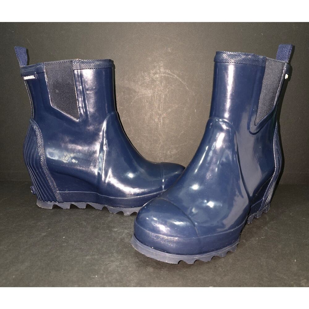 Sorel Joan Rain Wedge Chelsea Ankle Boots Navy Waterproof Lug Sole Womens 10.5 - Picture 9 of 9